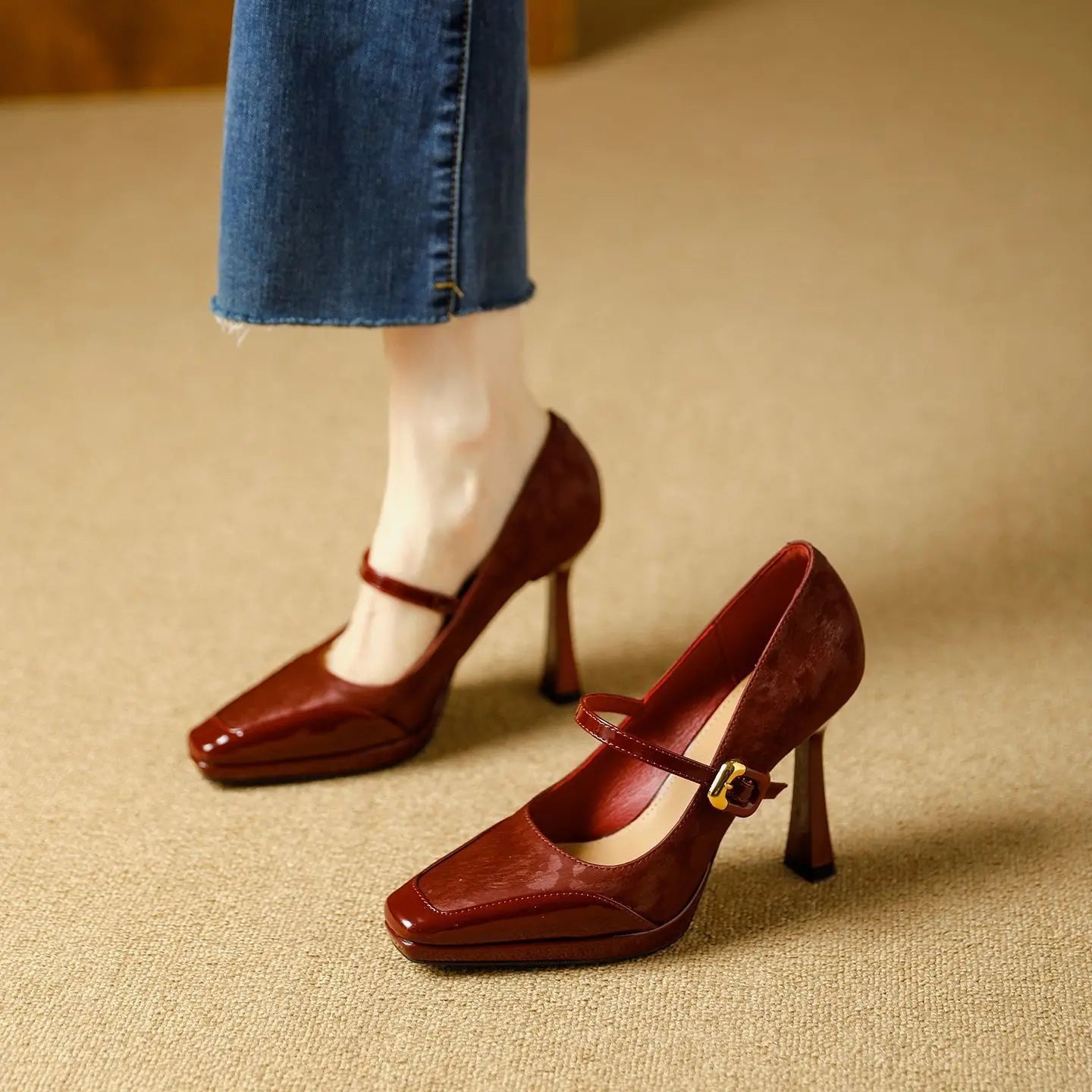 Comfortable Platform High Heels French Style Square Head Thin Strap Mule Women's Shoes
