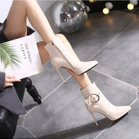 Women Ankle Boots Runway Style Sexy Belt Buckle Side Zip High Heels Patent Leather Party Dress Ladies Shoes