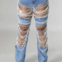 Heavy Duty Denim Jeans Women's High Waist High Elasticity Hole Punching Beading Long Pants Trendy Spicy Girl Style