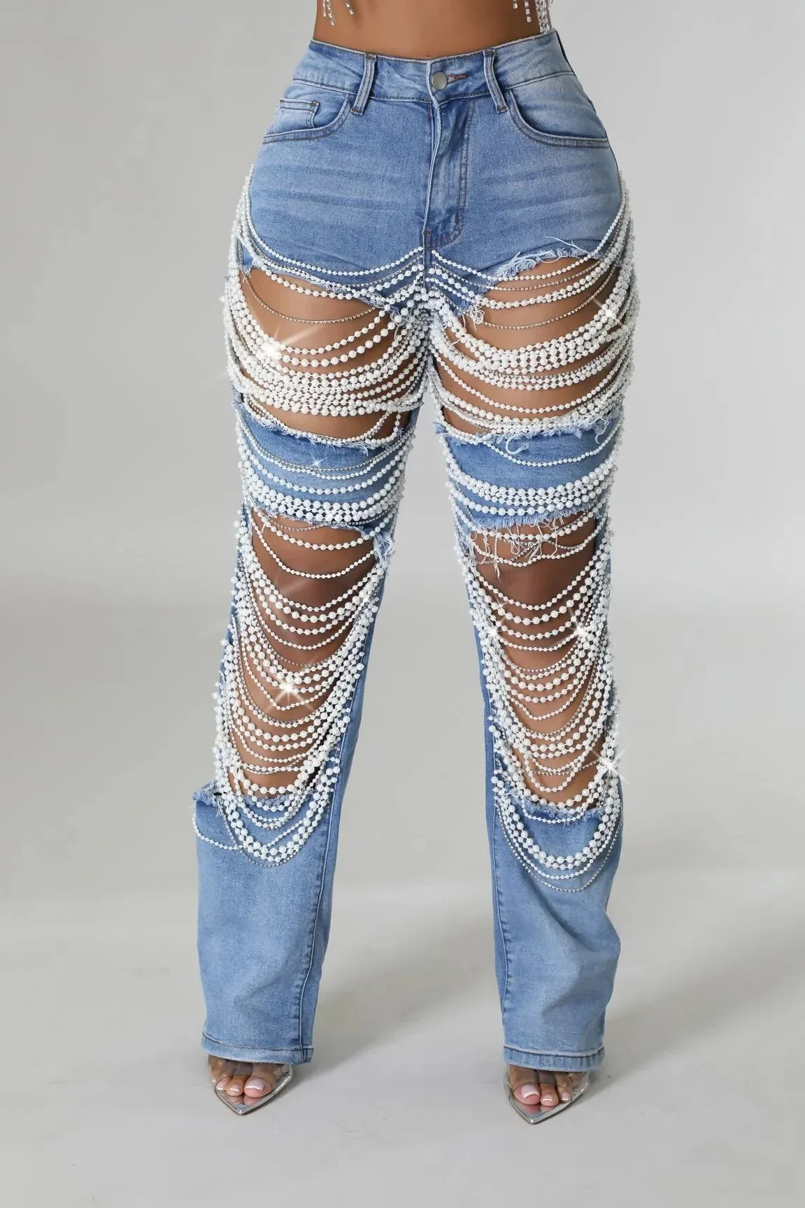 Heavy Duty Denim Jeans Women's High Waist High Elasticity Hole Punching Beading Long Pants Trendy Spicy Girl Style