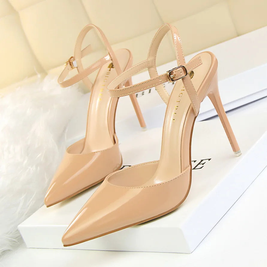 Women 10.5cm High Heels Sandals Lady Metallic Gray Patent Leather Stripper Ankle Strap Sandals Wedding Fetish Nightclub Shoes