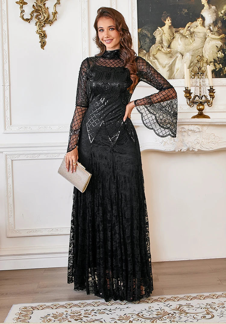 Black Lace Mermaid Elegant Evening Dress for Women High Neck Long Sleeve Sequins Party Dresses Prom Gowns Wedding
