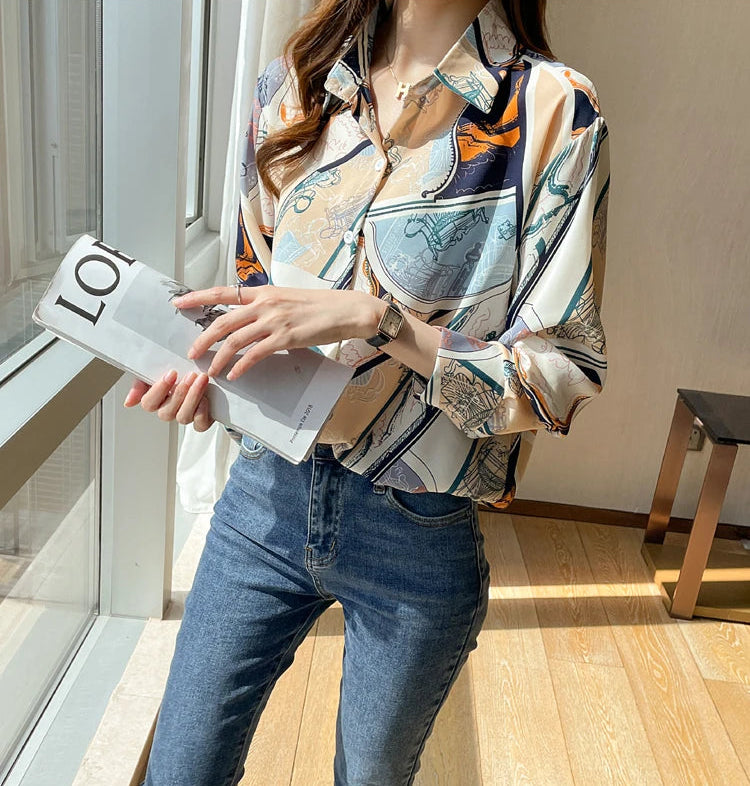 Chiffon Allover Printed Women's Blouses High Quality Long Sleeve Single Breasted Spring Summer Casual Lady Blouses