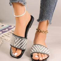 Small Fragrant style flat bottomed plus size slippers for women square headed rhinestone pearl fashionable casual slippers