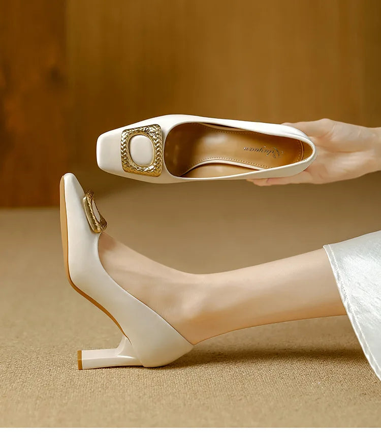 Basic Shallow Square Toe Women Pumps High Quality PU Leather Matte Thick Heel Office Shoes Woman Maroon 7CM High Heels