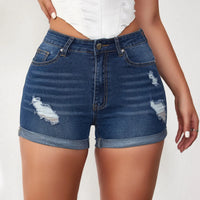 Summer A- Line Women's Denim Shorts High-Waisted Slimming Wide-Leg Rolled Edge Casual Style Blue Stretch Jeans