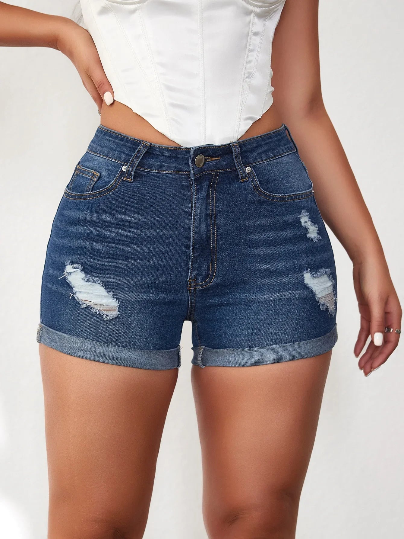 Summer A- Line Women's Denim Shorts High-Waisted Slimming Wide-Leg Rolled Edge Casual Style Blue Stretch Jeans