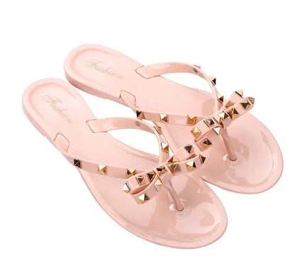 Women Jelly Slippers Rivets Studs Bow-Knot Leisure Daily Flip-Flops For Raining Days Anti-Slip Flat Slippers