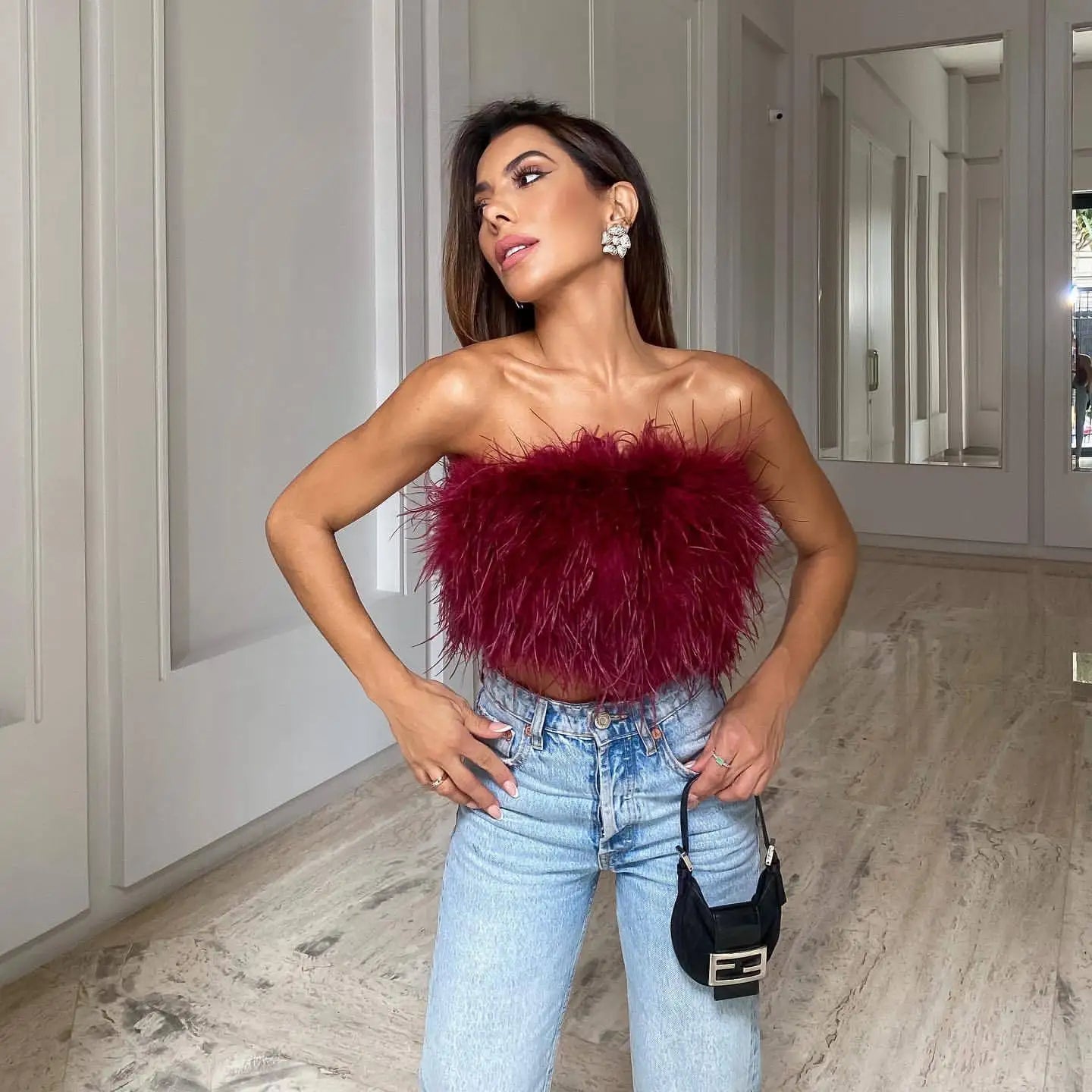 Solid Puffy Fuax Fur Strapless Crop Tops Women Fashion Sexy Furry Chest Wrapped Backless Tube Party Clubwear Vests Streetwear