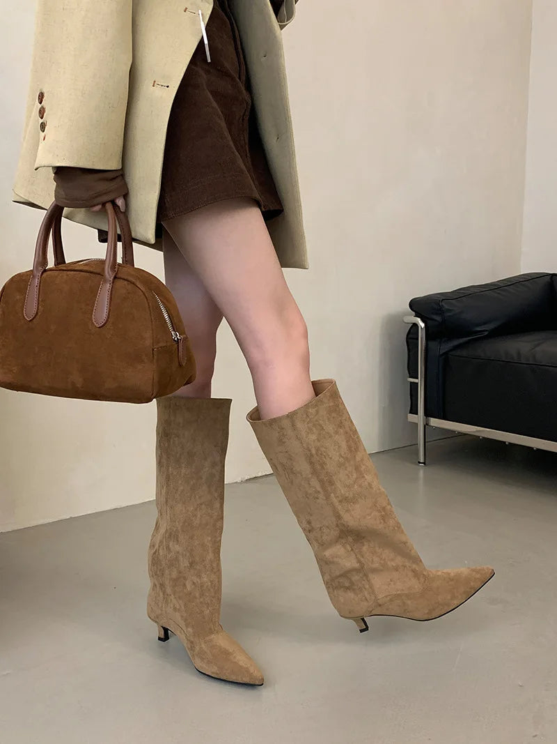 Street Style Pointed Toe Knee-High Boots Women Low Heels Shoes Female Long Booties Women Shoes