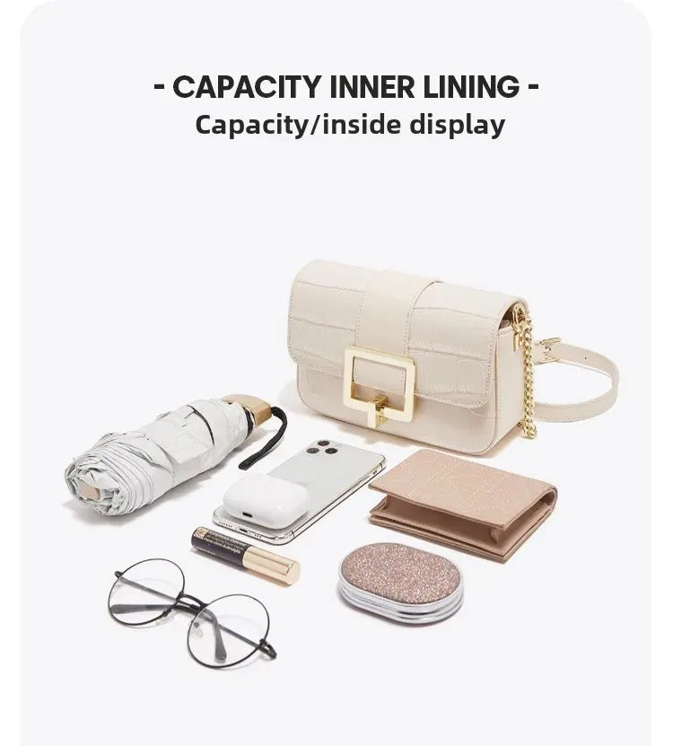 Luxury Two-Layer Cow Leather Handbag Women's Trendy Chain Crossbody Phone Bag Single Shoulder Bag Neutral Minimalist Style