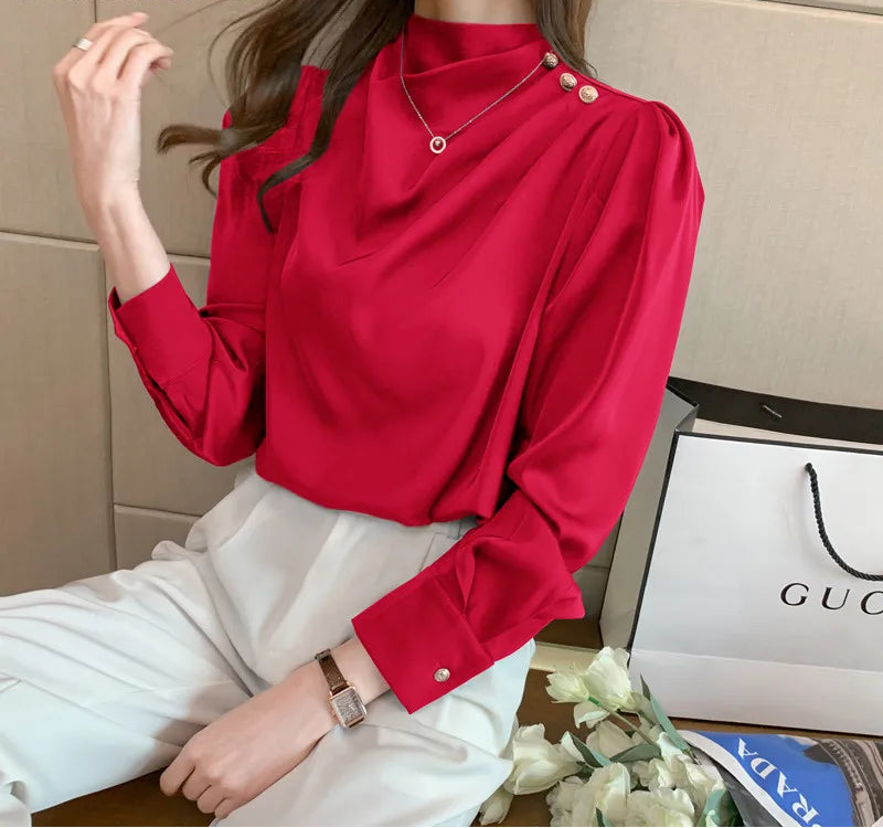 BGTEEVER Stylish Long Sleeve Women Satin Blouses Elegant Loose O-neck Buttons Ladies Pullovers Shirts Tops Spring OL Blusas Natalia Home Fashion    Natalia Home Fashion