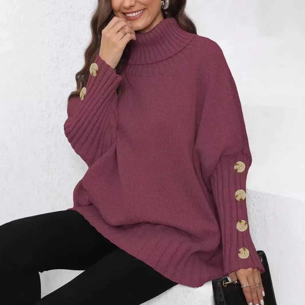 Loose Knitted High Collar Turn-down Collar Sweater for Women Full Sleeve Polyester Fiber Cross-Border Fashion Decorative Button