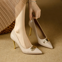 French Style Single Shoes Spring Women Pumps New Pointed Toe Shallow Mouth Metallic Buckle Commuting Shoes Stiletto Single Shoes