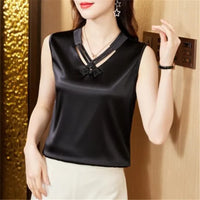 Elegant V Neck Solid Beaded Shirt Fashion Sleeveless Satin Blouse for Woman Loose Casual Silk Top Blouse