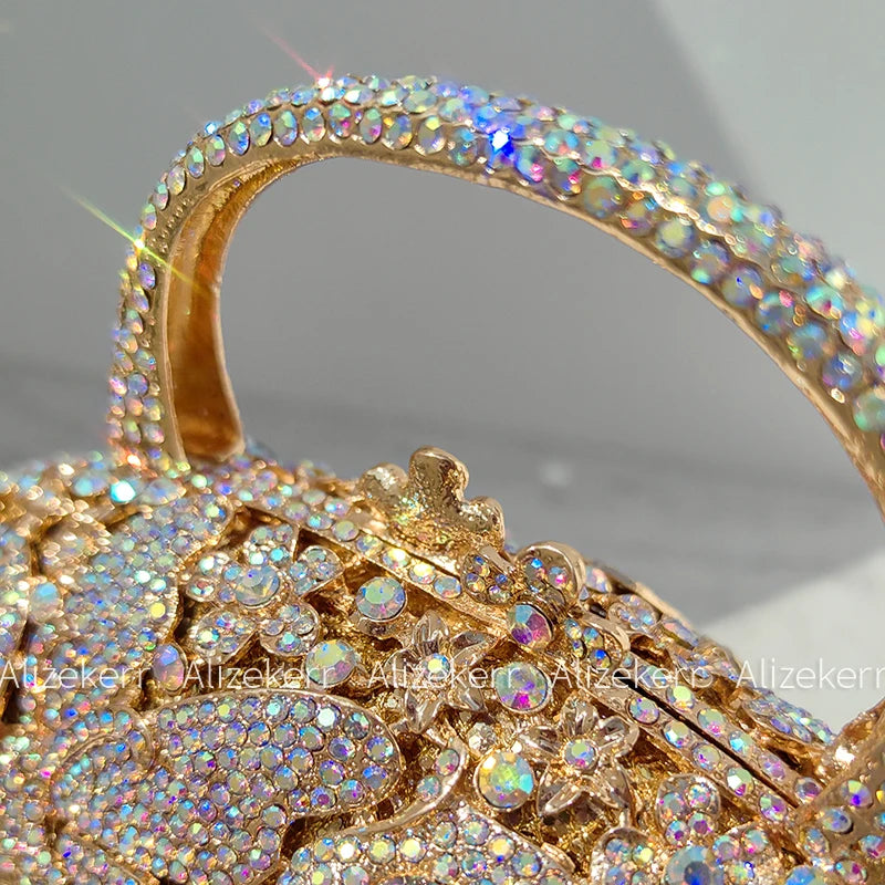 Flower Basket Crystal Evening Bags Women Luxury Designer Elegant Bling Rhinestone Metallic Clutch Purses Wedding Party