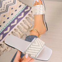 Small Fragrant style flat bottomed plus size slippers for women square headed rhinestone pearl fashionable casual slippers