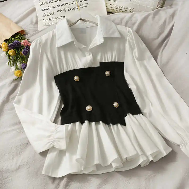 French Contrast Color Slim Shirts for Turn Down Collar Long Sleeve Bottoming Top Female Fashion Blouses