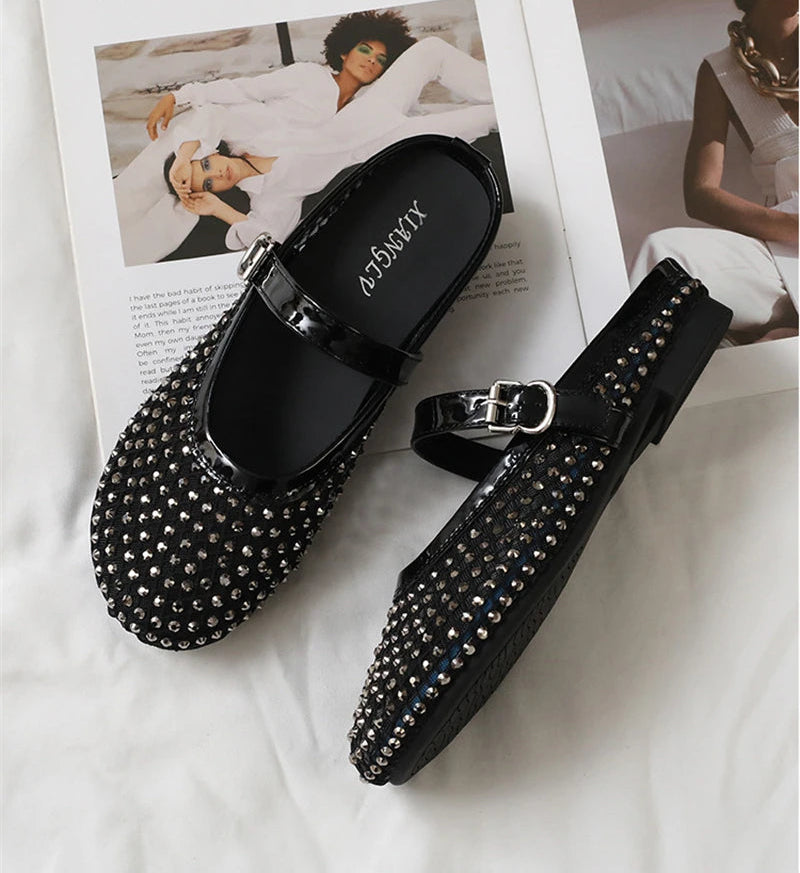 Luxury Shinny Diamond Women Mules Slippers Summer Shoes Crystal Footwear Rhinestones Slip On Brand Mary Jane Sandals Mesh Clogs