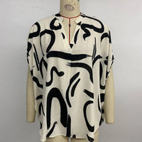 Casual Print Short Sleeve Shirt For Women V Neck Buttons Tops Summer Elegant Office Lady Ruffle Loose Shirt