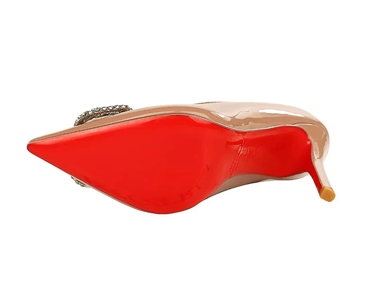 Banquet Pointed High Heels, Shallow Metal Rhinestone Thin Heel Patent Leather High Heels