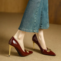 French Style Single Shoes Spring Women Pumps New Pointed Toe Shallow Mouth Metallic Buckle Commuting Shoes Stiletto Single Shoes