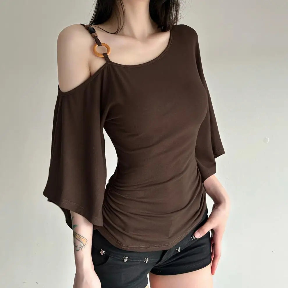 Brown Retro Spice Girl T-shirt Collar Pleated Off Shoulder Beaded Slanted Short Sleeved Summer Casual Slimming Fit Top for Women