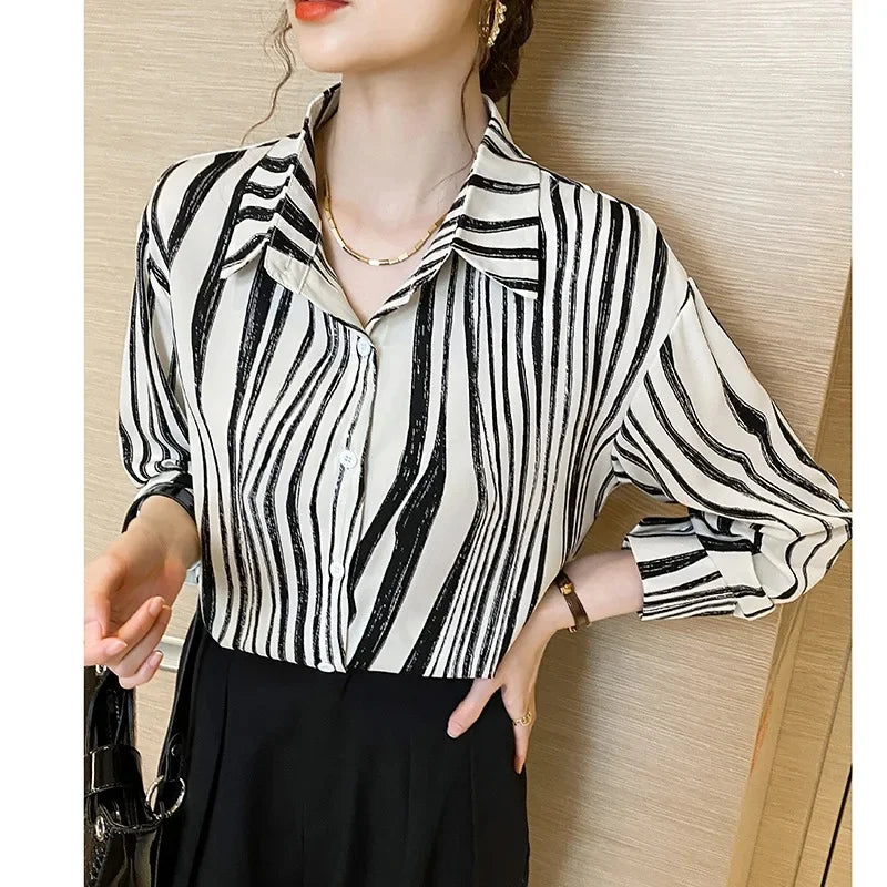High-End Elegant Fashionable Casual Striped Long Sleeve Versatile French Style Lapel Chiffon Shirt Women's Clothing