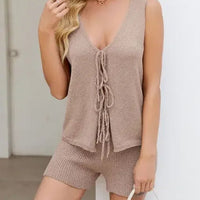 V-neck Sleeveless Vest Single-row Lace-up Casual Shorts Two-piece Set Women's Casual Commuting Beach All-match Shorts Set Natalia Home Fashion    Natalia Home Fashion
