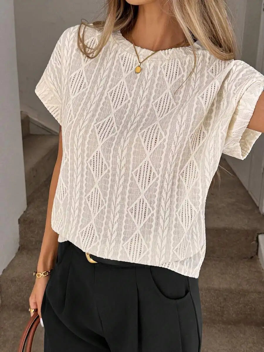Women's Casual Round Neck Jacquard Short Sleeve Top T-shirt Leisure Commute Women Clothing