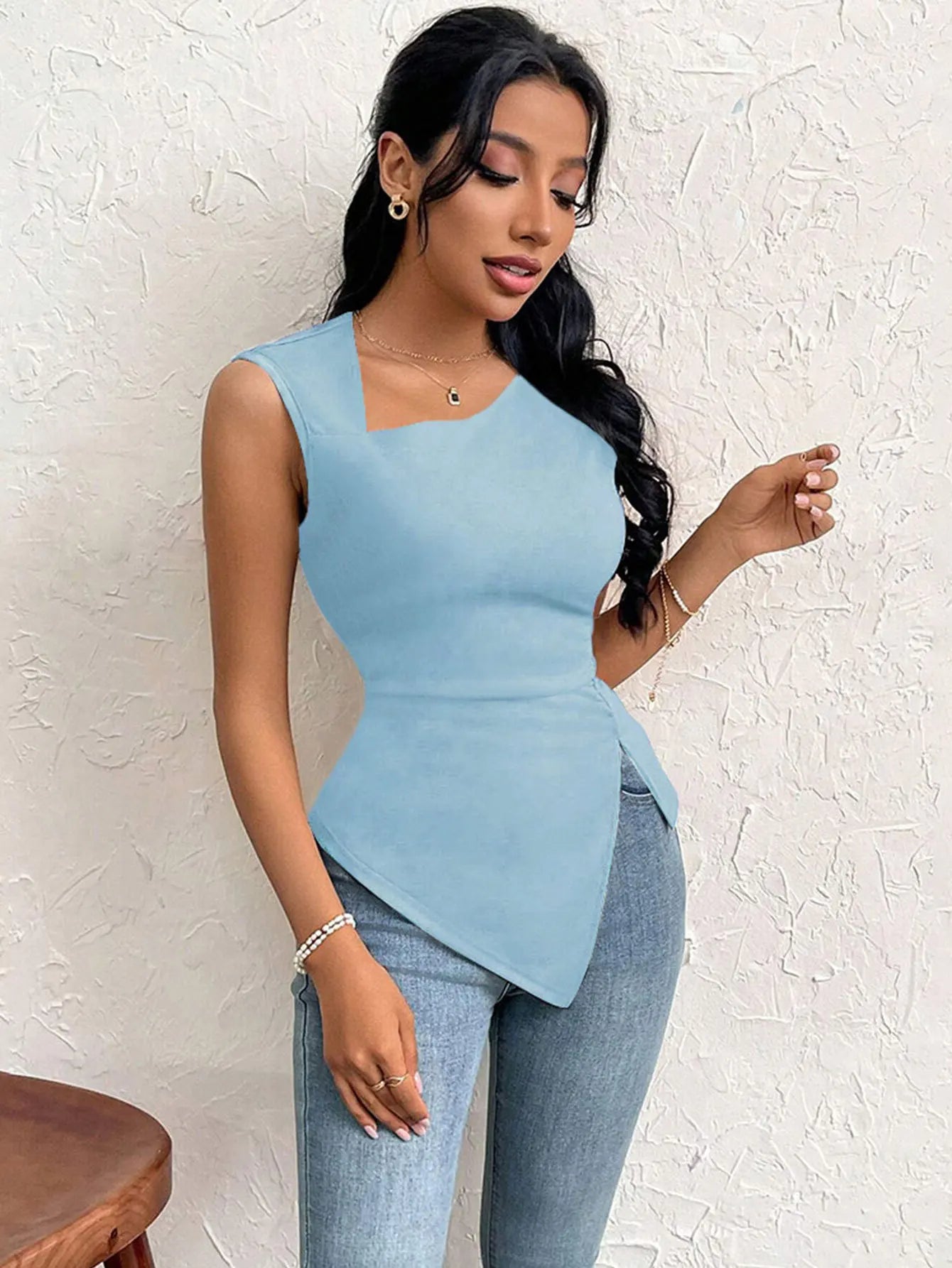 Spring Summer Elegant Stylish Daily Dating Casual Women's Sleeveless Tops Side Ruched Asymmetric Hem One-Shoulder Cut out