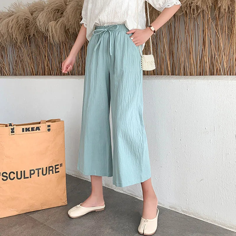 Casual Baggy Wide Leg Trousers Women Summer Thin Comfy Breathable Ankle Length Pants Vintage Loose Cotton Linen Straight Pants