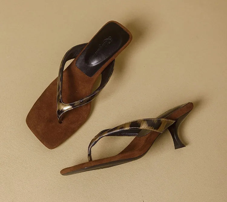 Formal Flip Flops Woman High Heels Cool Slippers Women's Summer New Retro Leopard Print Toe Square Heel Slippers Women Outside
