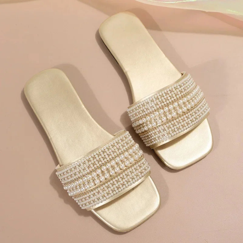 Flat Bottom Sandals Women's Fashionable Pearl Casual Beach Slippers Comfortable Rubber Upper Footwear - Natalia Home Fashion