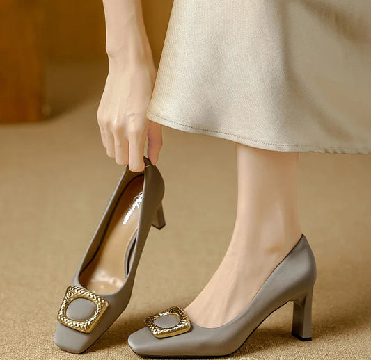 Basic Shallow Square Toe Women Pumps High Quality PU Leather Matte Thick Heel Office Shoes Woman Maroon 7CM High Heels