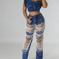 Heavy Duty Denim Jeans Women's High Waist High Elasticity Hole Punching Beading Long Pants Trendy Spicy Girl Style