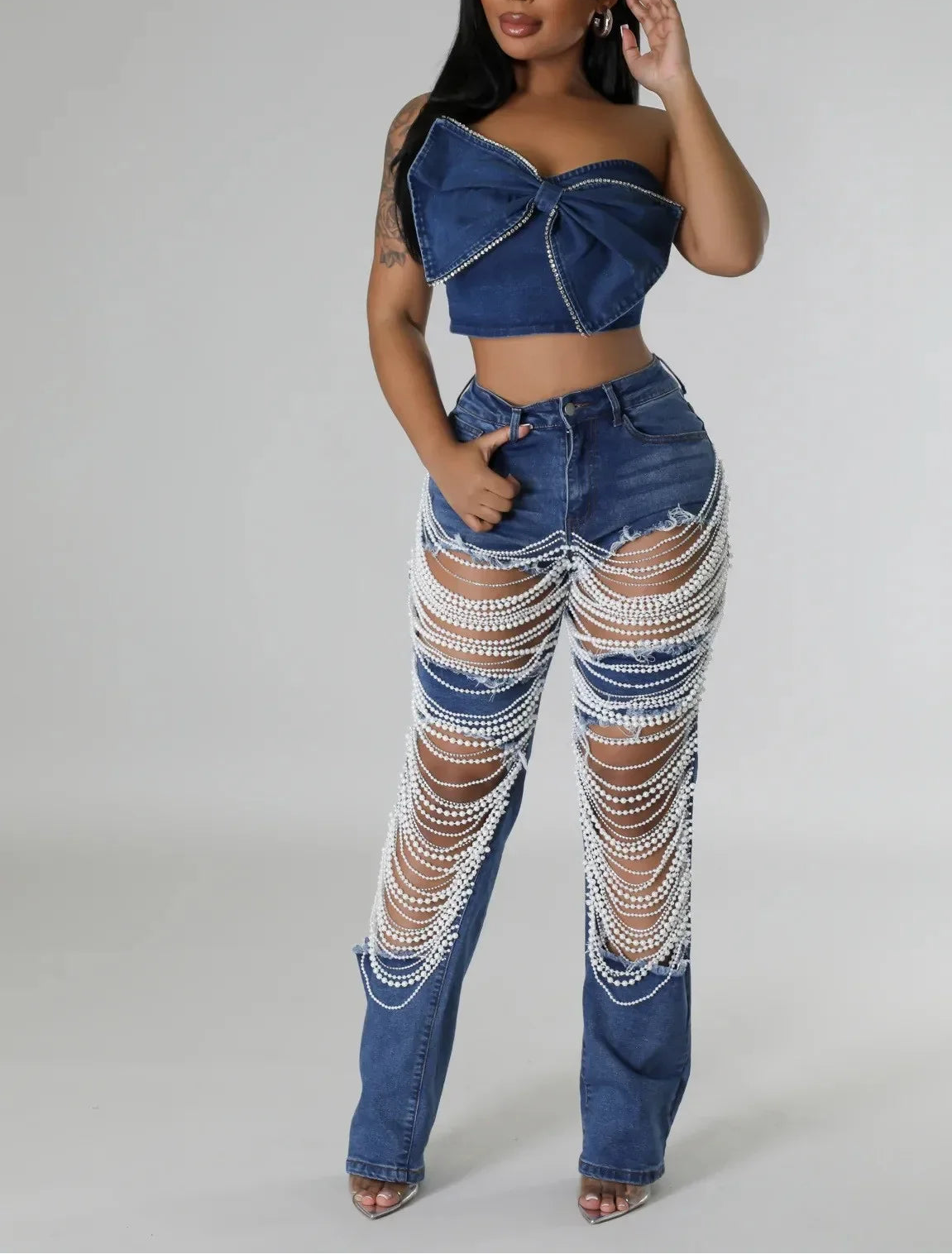 Heavy Duty Denim Jeans Women's High Waist High Elasticity Hole Punching Beading Long Pants Trendy Spicy Girl Style