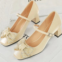 Rhinestone bow Women Pumps Coarse heel Women shoes middle heel Luxury banquet shoes satin square head Ladies shoes