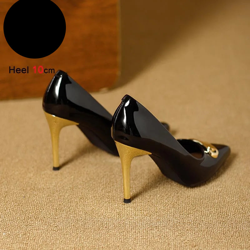 French Style Single Shoes Spring Women Pumps New Pointed Toe Shallow Mouth Metallic Buckle Commuting Shoes Stiletto Single Shoes