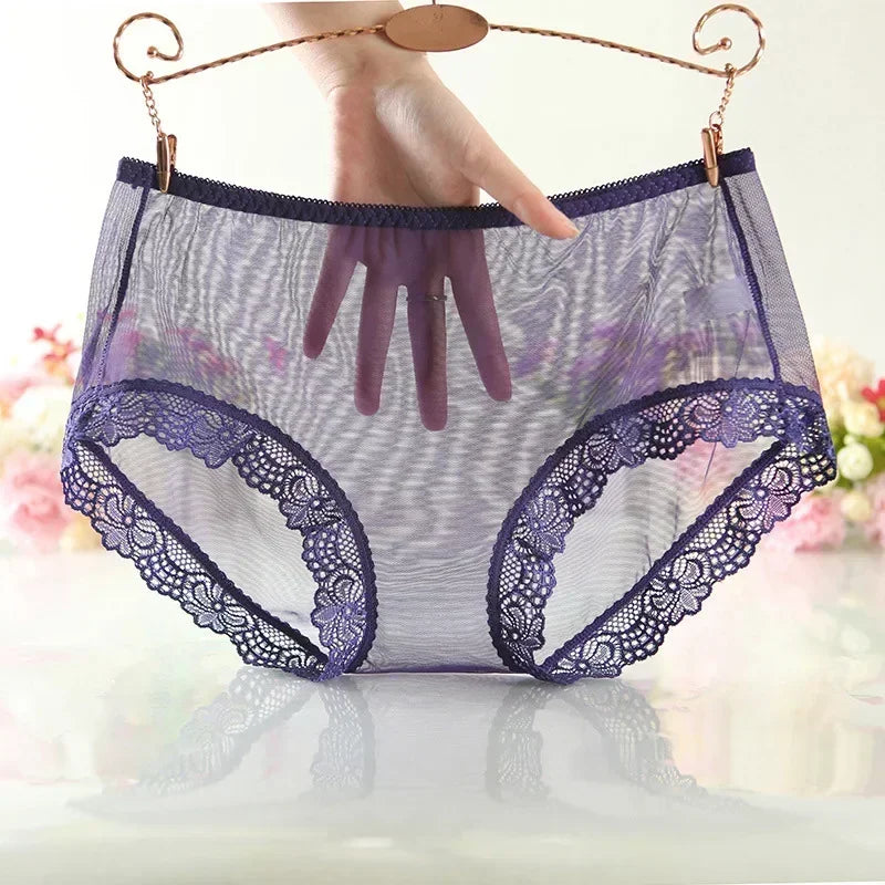 Sexy Women's Transparent Briefs Solid Color Ultra-Thin Mesh Seamless Lace Edge Underpants Underwear Panties Briefs Female