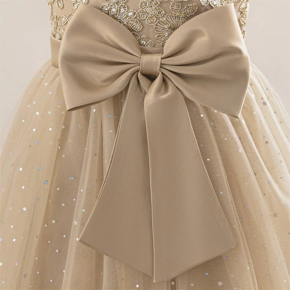 Girls Flower Embroidery Party Dress Kids Big Bow Long Wedding Bridesmaid Prom Gown Girl Fashion Lace Birthday Clothes Costumes