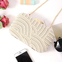 Ladies Pearl Elegant Evening Bag Fashionable Stylish Beading Wedding Dinner Party Banquet  Dress Clutch Bag with Long Chain