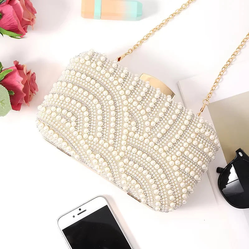 Ladies Pearl Elegant Evening Bag Fashionable Stylish Beading Wedding Dinner Party Banquet  Dress Clutch Bag with Long Chain