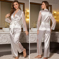 Sexy Lace Patchwork 2PCS Pajamas Set Loungewear Spring New Long Sleeve Trouser Pajamas Suit Loose Silky Home Clothes Lingerie