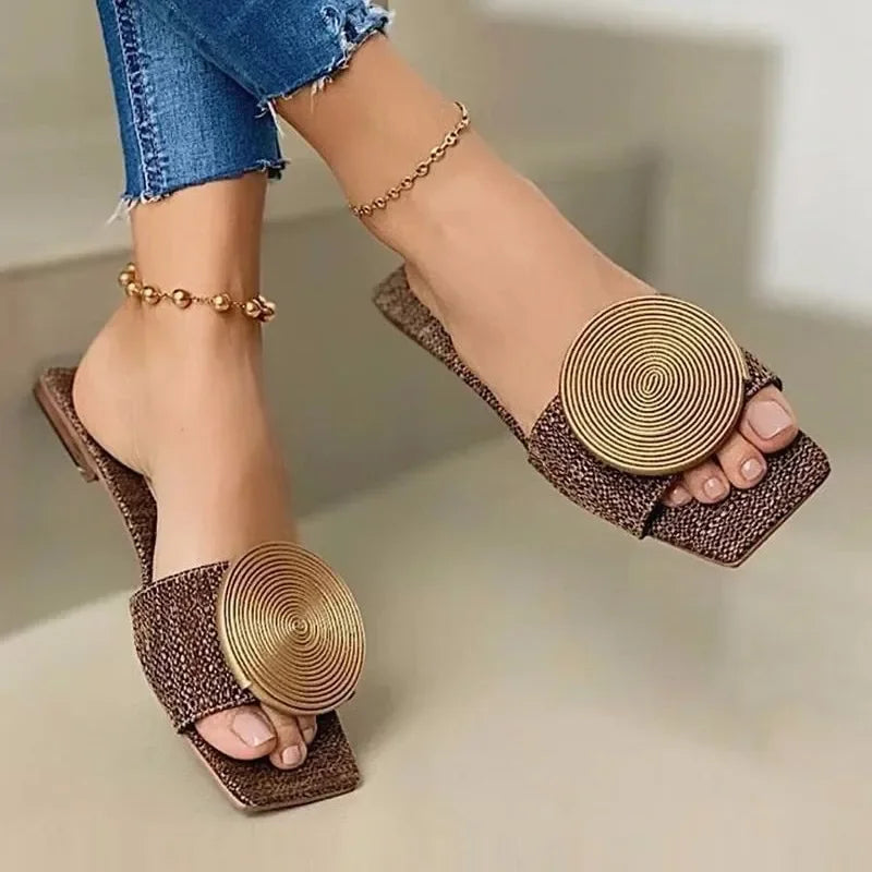 Women's Outdoor Casual Sandals Square Toe Flat Heel Round Disk Décor Daily Wear Beach Slippers for Women - Natalia Home Fashion