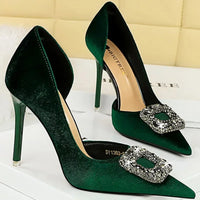 Women 10.5cm Super High Heels Pointed Toe Side Hollow Work Pumps Metal Crystal Buckle Velvet Stiletto Fashion Banquet Lady Shoes