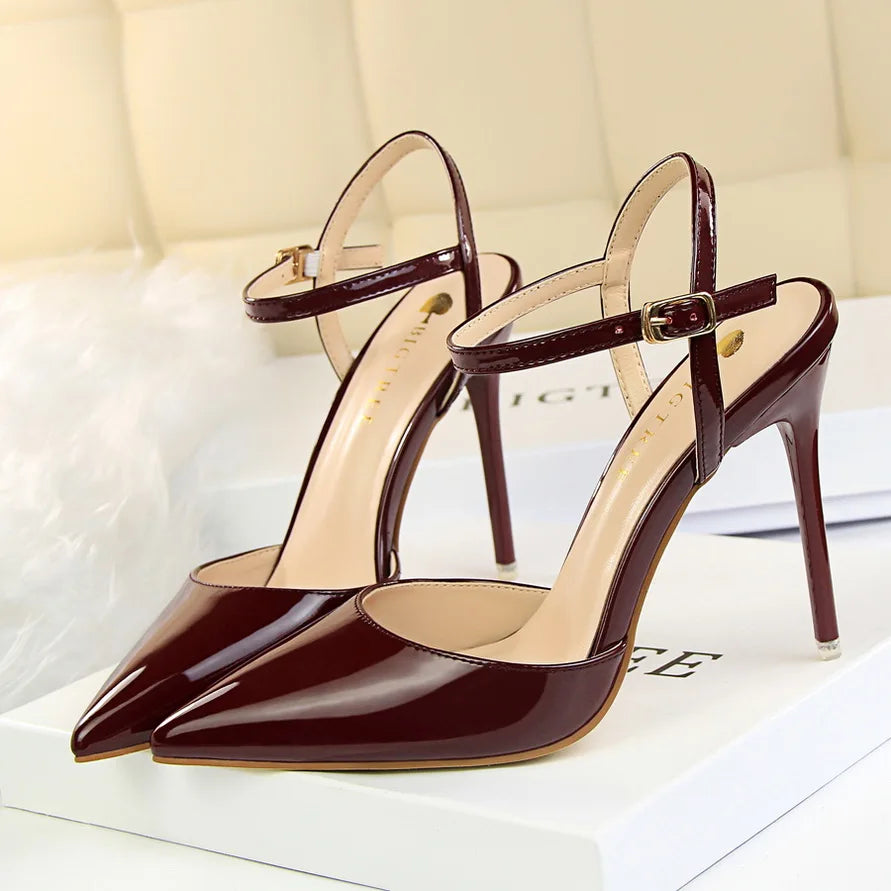 Women 10.5cm High Heels Sandals Lady Metallic Gray Patent Leather Stripper Ankle Strap Sandals Wedding Fetish Nightclub Shoes