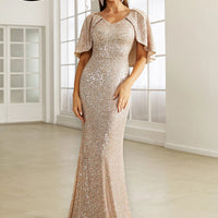 Cape Sleeves Sequined Evening Dress Mermaid Tail And Floor-Length Dress Elegant Dresses For Evening Dress