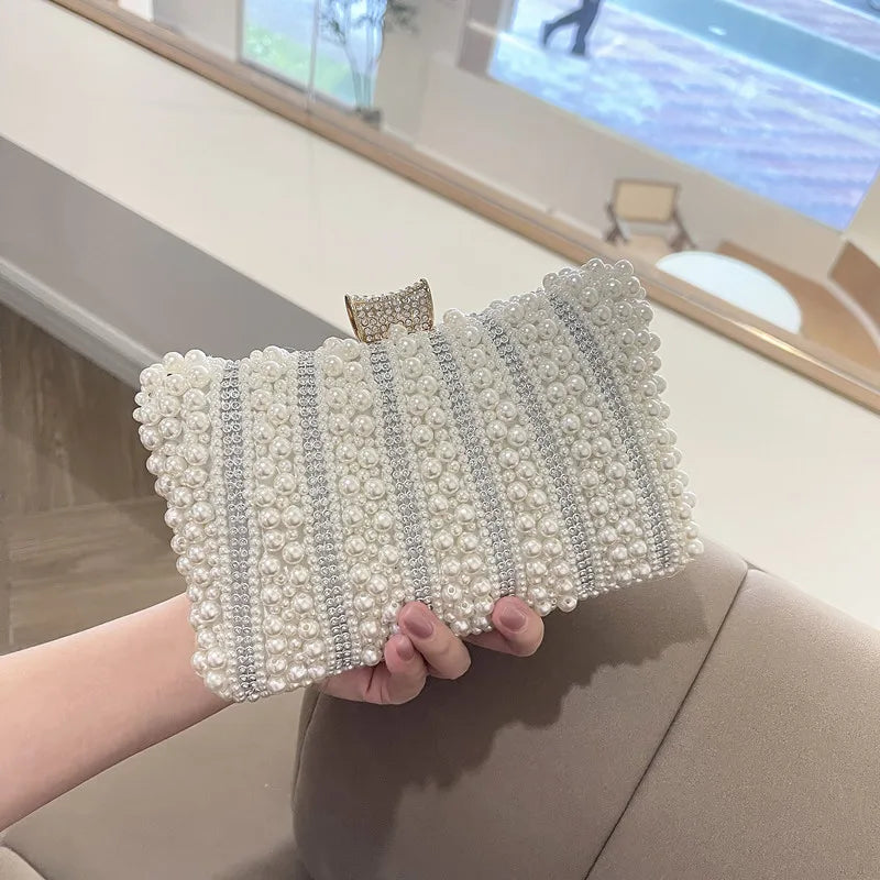 Vintage Pearl Women Handbag Diamond Evening Bag Luxury Wedding Bridal Ladies Clutch Chain White Shoulder Dress Dinner Bag
