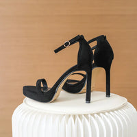 Brand Design Ankle Straps Women Sandals 11Cm Open Toe Platform Party Pumps Flock Leather High Heels